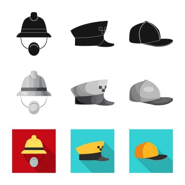 Şapkalar ve kap simge vektör tasarımı. Web için hisse senedi sembolü şapkalar ve aksesuar koleksiyonu.