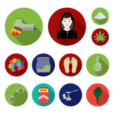 Uyuşturucu bağımlılığı ve öznitelikleri set koleksiyonu tasarım için simgeleri düz. Sembol stok web illüstrasyon vektör bağımlısı ve uyuşturucu.
