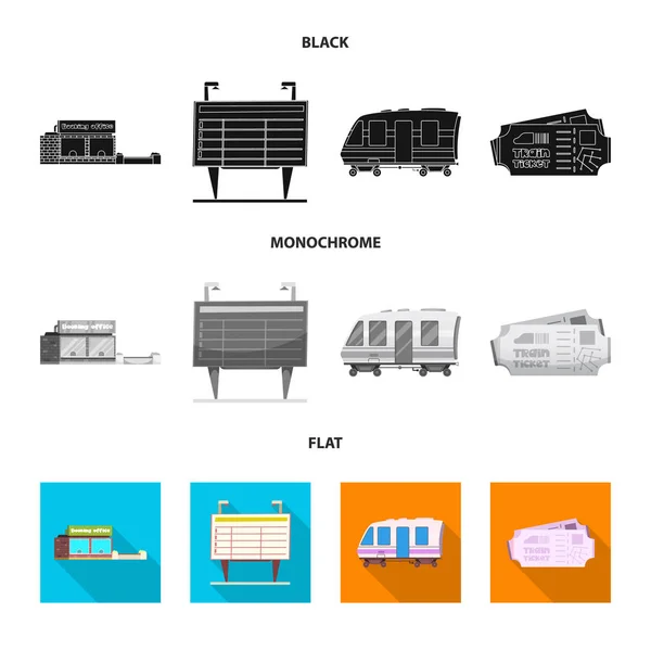 Vektorillustration von Zug- und Bahnhofsschild. Zug- und Fahrkartensymbole für den Bestand. — Stockvektor