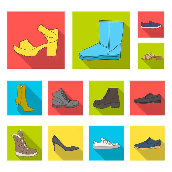 Διαφορετικά παπούτσια επίπεδη εικονίδια στη συλλογή σετ για σχεδιασμό. Ανδρικά και γυναικεία παπούτσια σύμβολο μετοχής web εικονογράφηση φορέα. — Διανυσματικό Αρχείο