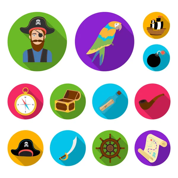 Pirata, rapinatore di mare icone piatte nella collezione set per il design. Tesori, attributi simbolo vettoriale stock web illustrazione . — Vettoriale Stock