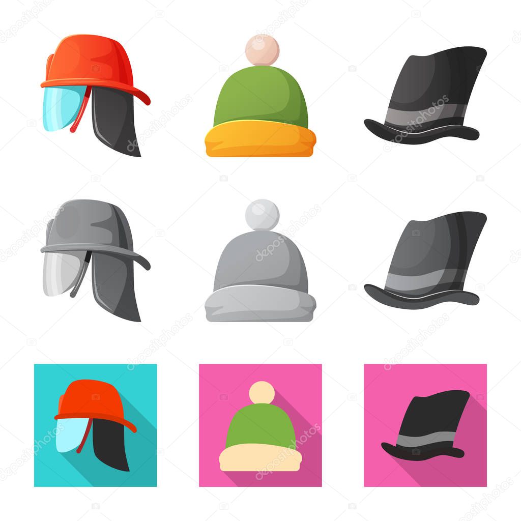 Vector design of headgear and cap icon. Collection of headgear and accessory vector icon for stock.