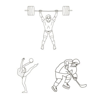 Spor çeşitleri set koleksiyonu tasarım için simgeleri anahat. Atlet, yarışmalar sembol stok web illüstrasyon vektör.