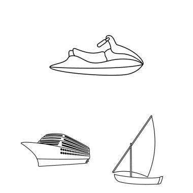 Su ve deniz taşıma anahat simgeleri set koleksiyonu tasarım için. Tekneler ve gemiler çeşitli sembol stok web illüstrasyon vektör.