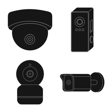 Cctv ve kamera işareti vektör Illustration. Hisse senedi için cctv ve sistem vektör simge kümesi.