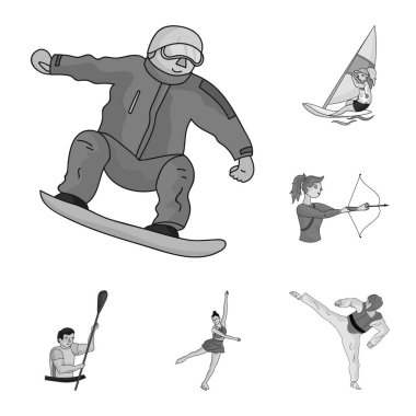 Set koleksiyonu tasarım için spor tek renkli simgeler farklı türde. Atlet, yarışmalar sembol stok web illüstrasyon vektör.