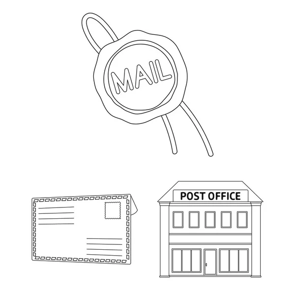 Ícones de esboço de correio e carteiro na coleção de conjuntos para design. Ilustração web do símbolo do vetor do correio e do equipamento . —  Vetores de Stock
