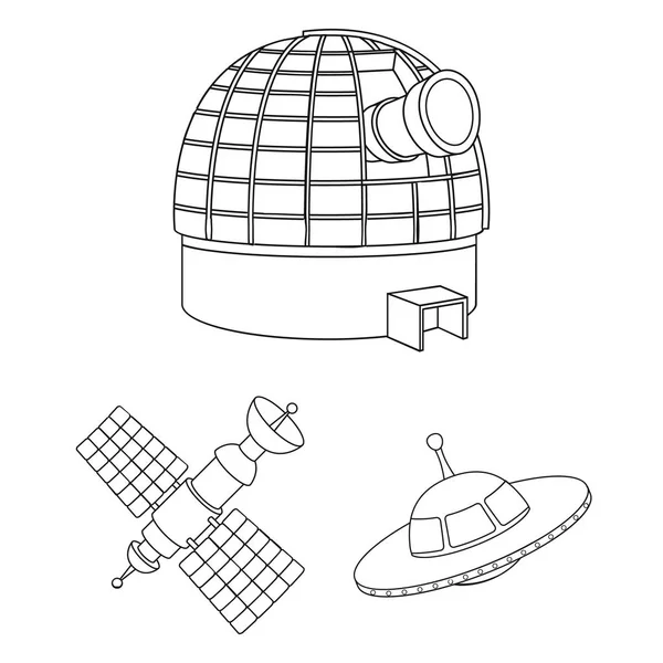 Speknologi luar angkasa menguraikan ikon dalam koleksi set untuk design.Spacecraft dan peralatan vektor simbol saham gambar web . - Stok Vektor