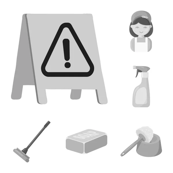 Reinigung und Dienstmädchen monochrome Symbole in Set-Kollektion für Design. Ausrüstung für die Reinigung von Vektorsymbol stock web illustration. — Stockvektor