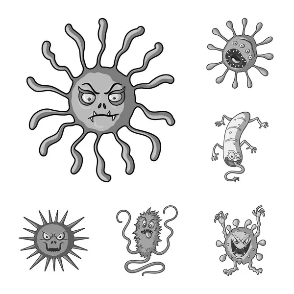 Виды забавных микробов монохромные иконы в наборе коллекции для дизайна. Патогенные векторные символы микробов на веб-иллюстрации . — стоковый вектор