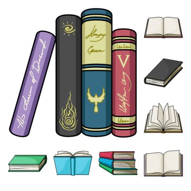 Kitap set koleksiyonu tasarım için karikatür simgeleri bağlı. Basılı ürünler sembol stok web illüstrasyon vektör.