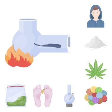 Uyuşturucu bağımlılığı ve öznitelikleri set koleksiyonu tasarım için simgeleri karikatür. Sembol stok web illüstrasyon vektör bağımlısı ve uyuşturucu.