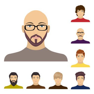 Set koleksiyonu tasarım için Avatar ve yüz karikatür simgeler. Bir kişi görünümü vektör simge stok web çizim.