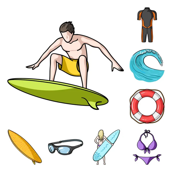Surfing and extreme cartoon icons in set collection for design. Surfer and accessories vector symbol stock web illustration. — Stock Vector