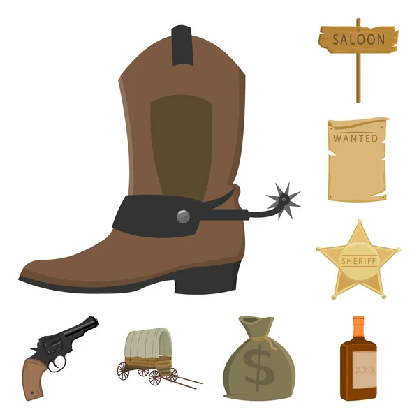 Kenmerken van het wilde westen cartoon pictogrammen in set collectie voor design. Texas en Amerika vector symbool voorraad web illustratie. — Stockvector