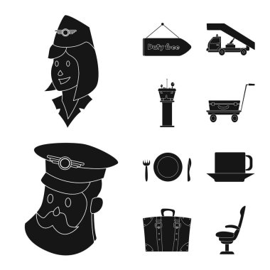 Havaalanı ve uçak logo vektör tasarımı. Web için Havaalanı ve uçak hisse senedi simgesi kümesi.