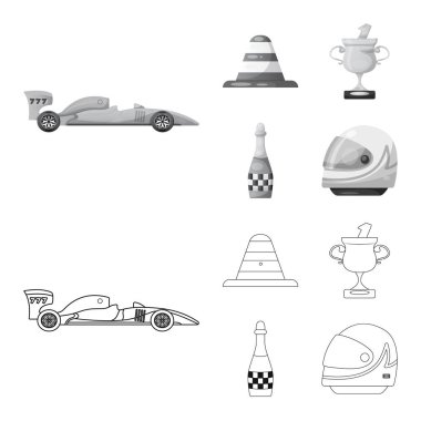 Araba ve ralli işareti yalıtılmış nesne. Araba ve yarış hisse senedi vektör çizim seti.