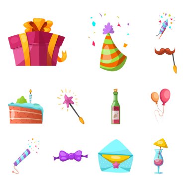 Parti ve Doğum günü simge vektör tasarımı. Web için kutlama ve parti hisse senedi simgesi kümesi.