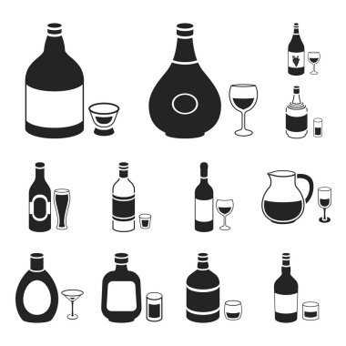 Set koleksiyonu tasarım için alkol siyah simgeler türleri. Alkol şişeleri vektör simge stok web çizimde.
