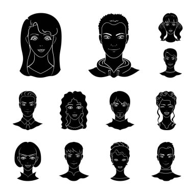 Set koleksiyonu tasarım için simgeler siyah avatar ve yüz. Bir kişi görünümü vektör simge stok web çizim.