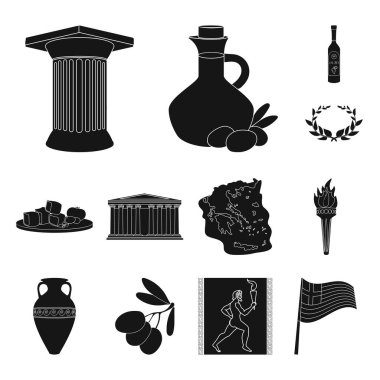 Set koleksiyonu tasarım için ülke Yunanistan siyah simgeler. Yunanistan ve dönüm noktası sembol stok web illüstrasyon vektör.