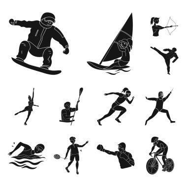 Spor çeşitleri set koleksiyonu tasarım için simgeler siyah. Atlet, yarışmalar sembol stok illüstrasyon vektör.