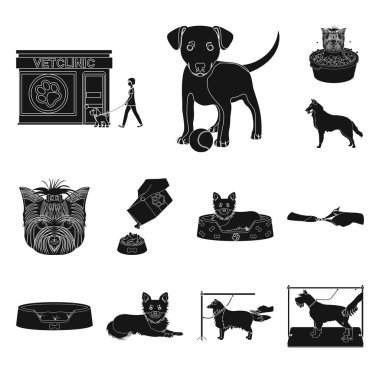 Set koleksiyonu tasarım için evde beslenen hayvan siyah simgeler. Bakım ve eğitim sembol stok web illüstrasyon vektör.