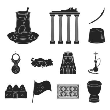 Türkiye'nin ülke siyah set koleksiyonu tasarım için simgeler. Sembol stok web illüstrasyon vektör seyahat ve konumlar.