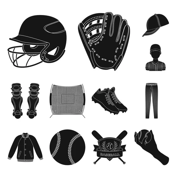 Baseball und Attribute schwarze Symbole in Set-Sammlung für design.Baseball-Spieler und Ausrüstung Vektor-Symbol Stock Web-Illustration. — Stockvektor