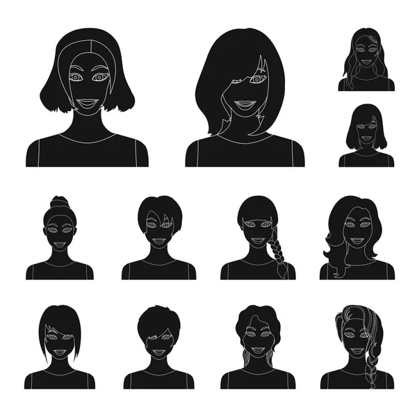 Rodzaje fryzury damskie czarne ikony w kolekcja zestaw do projektowania. Wygląd kobiety wektorowej symbol zasobów sieci web. — Wektor stockowy