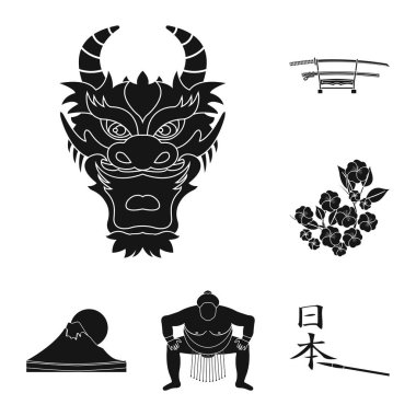 Set koleksiyonu tasarım için ülke Japonya siyah simgeler. Japonya ve dönüm noktası sembol stok web illüstrasyon vektör.