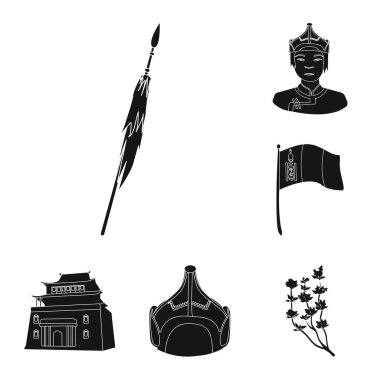 Set koleksiyonu tasarım için ülke Moğolistan siyah simgeler. Bölge ve dönüm noktası sembol stok web illüstrasyon vektör.