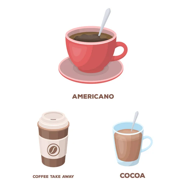 Diferentes tipos de ícones de desenhos animados de café na coleção de conjuntos para design. Café bebida vetor símbolo web ilustração . — Vetor de Stock