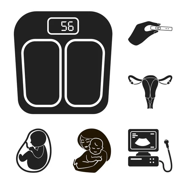 Женщина и беременность черные иконы в наборе коллекции для дизайна. Гинекология и оборудование векторные символы веб-иллюстрации . — стоковый вектор