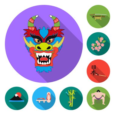 Ülke Japonya set koleksiyonu tasarım için düz simgeler. Japonya ve dönüm noktası sembol stok web illüstrasyon vektör.