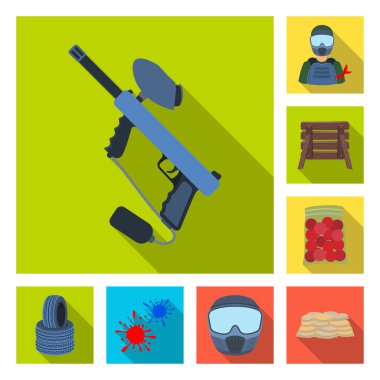 Paintball takım set koleksiyonu tasarım için oyun düz simgeler. Ekipman ve kıyafet sembol stok web illüstrasyon vektör.
