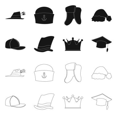 Şapkalar ve kap işareti yalıtılmış nesne. Şapkalar ve hisse senedi için aksesuar vektör simge kümesi.