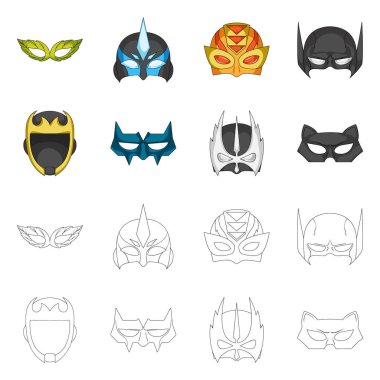 Kahraman ve maske simge vektör tasarımı. Kahraman ve süper kahraman hisse senedi vektör çizim seti.