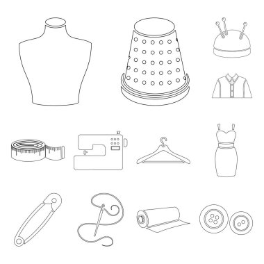 Atelier ve dikiş anahat simgeleri set koleksiyonu tasarım için. Dikiş vektör için cihazlar ve hisse senedi illüstrasyon simge.