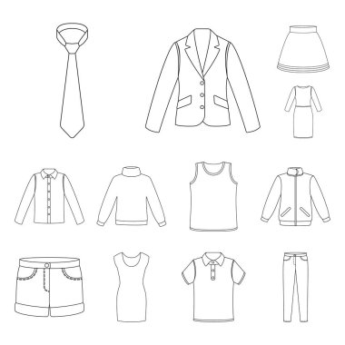Giysileri farklı türde set koleksiyonu tasarım için simgeleri anahat. Giyim ve stil sembol stok web illüstrasyon vektör.