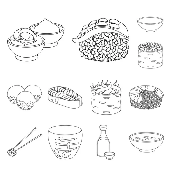 Suşi ve baharat anahat simgeleri set koleksiyonu tasarım için. Deniz ürünleri gıda, Aksesuar vektör simge stok web çizimi.