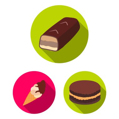 Çikolata tatlı düz simgeler set koleksiyonu tasarım için. Çikolata ve şekerleme vektör simgesi web illüstrasyon stok.