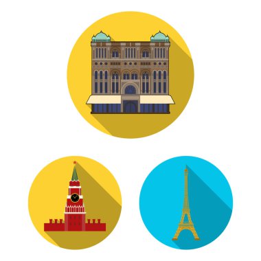 Farklı ülkelerin sights set koleksiyonu tasarım için simgeleri düz. Ünlü bina sembol stok web illüstrasyon vektör.