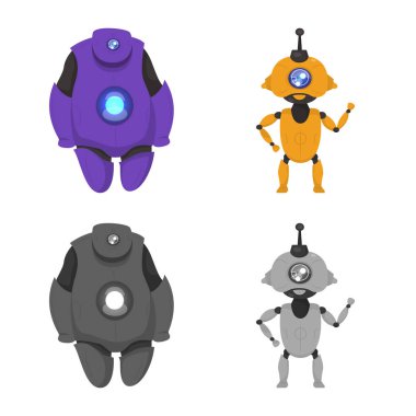 Robot ve fabrika işareti vektör tasarımı. Robot ve uzay hisse senedi vektör çizim seti.