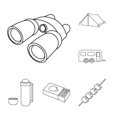 Set koleksiyonu tasarım için kamp anahat simgeleri içinde bekletin. Kamp ve ekipman sembol stok illüstrasyon vektör.
