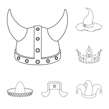 Şapka çeşitleri set koleksiyonu tasarım için simgeleri anahat. Headdress vektör simge stok web çizimi.