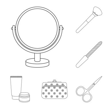 Makyaj ve kozmetik set koleksiyonu tasarım için simgeleri anahat. Makyaj ve ekipman sembol stok web illüstrasyon vektör.