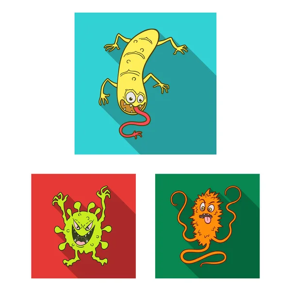 Tipos de micróbios engraçados ícones planos na coleção de conjuntos para design. Ilustração patogênica da teia do estoque do símbolo do vetor dos micróbios . — Vetor de Stock