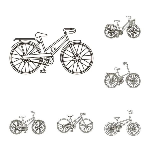 Różnych rowerów zarys ikony w kolekcja zestaw do projektowania. Rodzaj transportu wektor symbol akcji web ilustracja. — Wektor stockowy