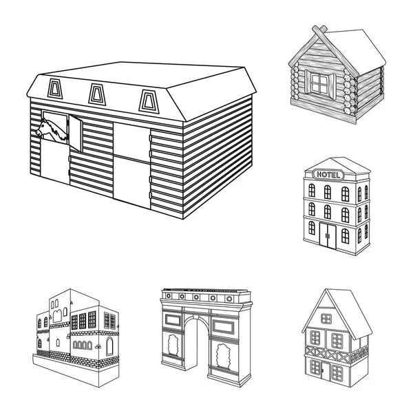 Ícones do esboço da construção e da arquitetura na coleção do jogo para a ilustração da correia fotorreceptora do símbolo isométrico do edifício e da habitação . —  Vetores de Stock